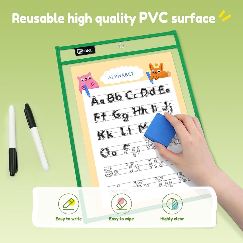 Gnl Dry Erase Pocket Sleeves 30 Packs, Reusable Clear Plastic Ticket Holders with Rings, Durable & Easy-to-Erase Sheet Protectors, Assorted Colors 10x14 Inch for Classroom & School Teacher Supplies - Image 5